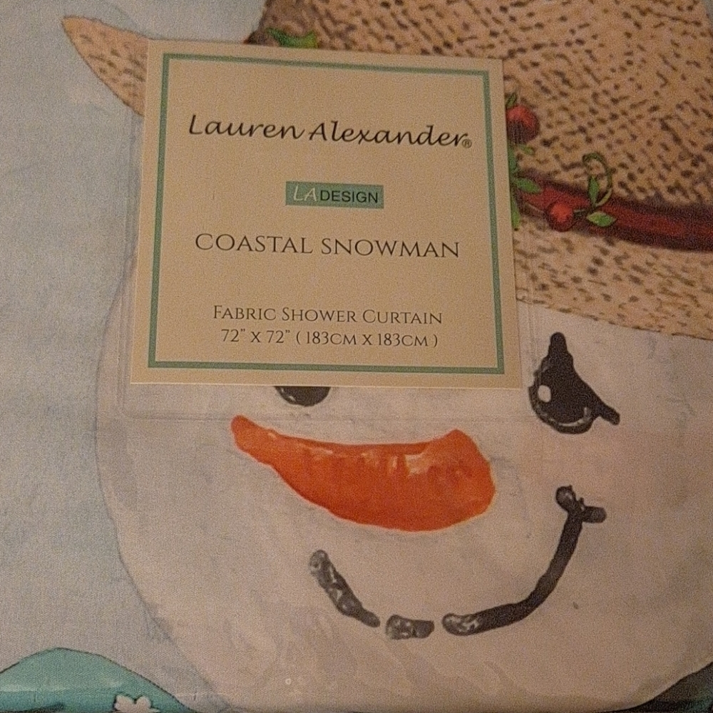 Coastal snowman shower curtain